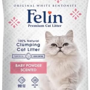 Felin Premium Cat Litter ( 20L ) 100% Natural Clumping Cat Litter 99%,5 Dust free Long Term Used Always Clean Paws Fast & Strong Clumping ( 20L ) Scented ( Baby Powder )